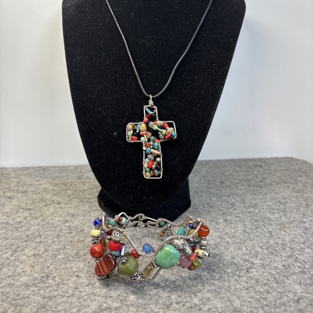 Artisan Wire Wrapped Mixed Stone Cross Pendant Necklace & Bracelet Southwestern